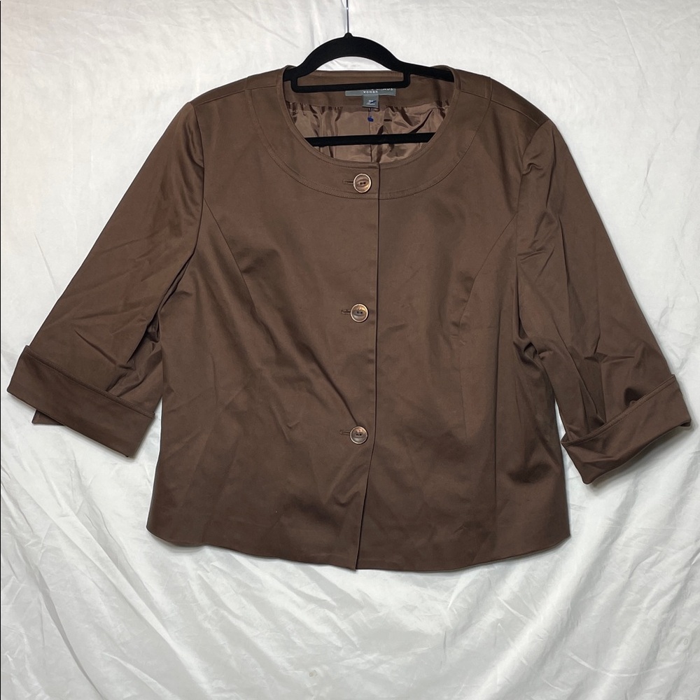 Josephine Chaus Woman Brown Button Down 3/4 Sleeve Cropped Blazer Jacket, 18W
